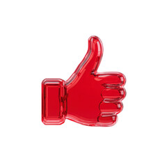 Red glass like thumbs up symbol on transparent background, conveying approval or positivity. glossy finish adds modern and sleek touch to design