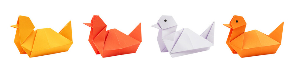 Origami ducks in cheerful colors a symbol of creativity and playfulness displayed against a stark