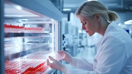 Mature female professional with blonde hair tied back carefully places petri dish into incubator, surrounded by biosafety cabinets and advanced diagnostic tools - Powered by Adobe