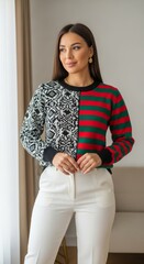 Naklejka premium Stylish Women's Two-Tone Knit Sweater Black & White Snake Print and Red & Green Stripes