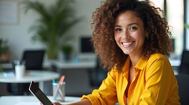 A smiling woman of mixed ethnicity with curly hair, wearing a yellow shirt, sitting at a desk in a brightly lit office.