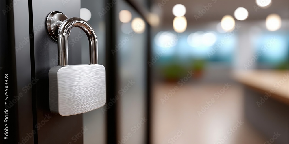Poster silver padlock securing a door in modern office, symbolizing data protection and cybersecurity solut