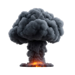 Large, dark mushroom cloud rises dramatically against transparency background, symbolizing explosion or volcanic eruption. fiery base adds intensity and energy to scene
