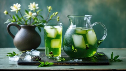 Fresh green beverage with ice cubes, a pitcher, and a flowerpot with white flowers on a wooden surface. Refreshing drink and natural decor. Cold drink, plant, and refreshment concept.