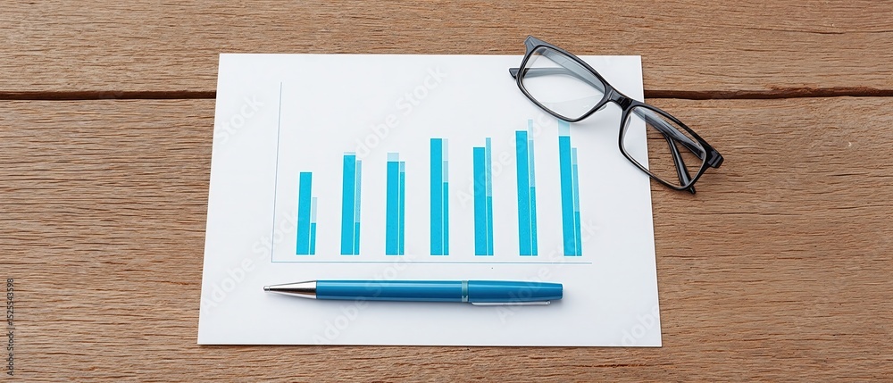 Poster Blue Bar Graph on White Paper With Pen and Glasses, Representing Financial Growth and Business Analytics for Data Visualization and Strategic Planning : Generative AI