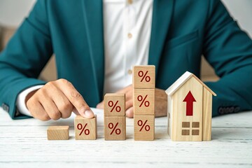 Caucasian Hand Places Percentage Blocks Near Wooden House With Red Arrow