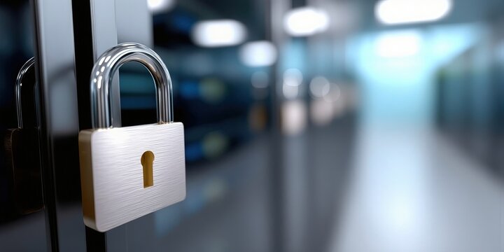 Padlock Securing Server Room Door, Illustrating Data Protection and Cybersecurity for Business Continuity Planning and Risk Management : Generative AI