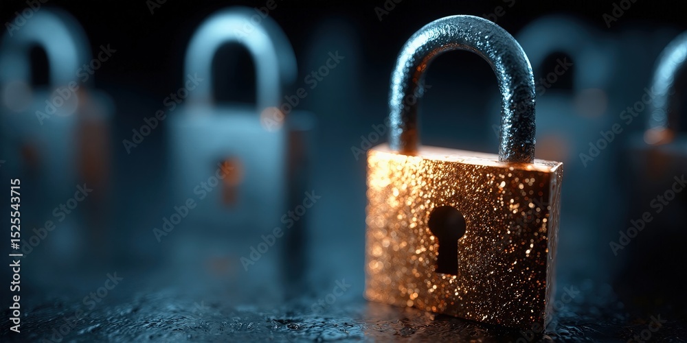 Poster golden padlock standing tall among others, representing security and data protection in the digital 
