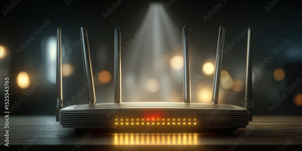Poster Modern Wireless Router With Glowing Lights on Table, Illustrating Connectivity and Technological Advancement for Business Solutions and Home Networking : Generative AI