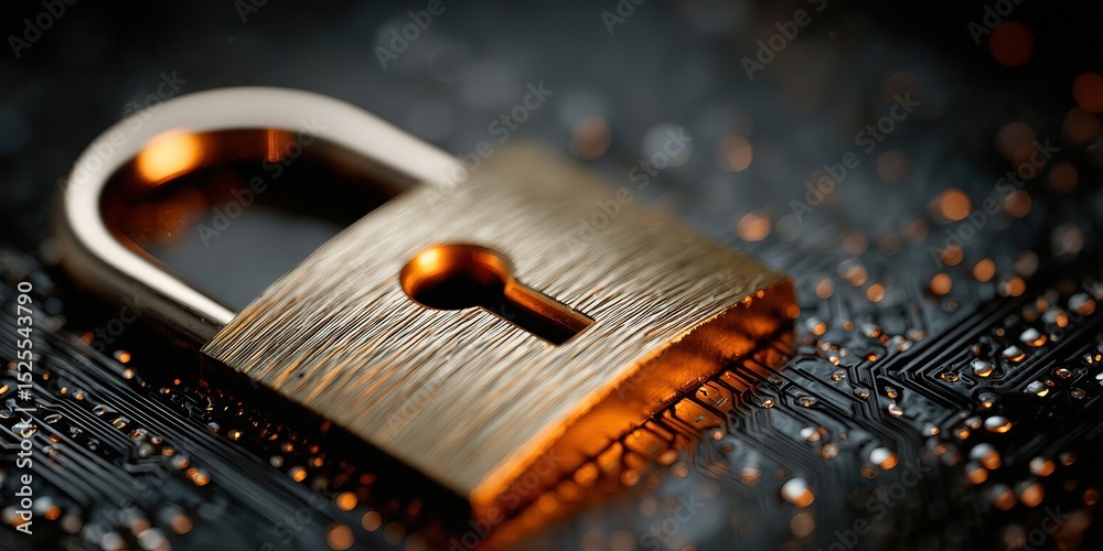 Poster Golden Padlock on Circuit Board, Symbolizing Cybersecurity and Data Protection for Internet Security Solutions, Network Safety and Privacy : Generative AI