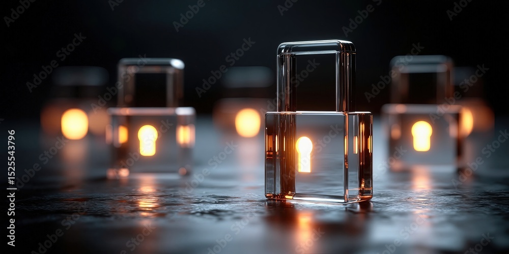 Aufkleber Transparent Padlocks With Glowing Keyholes on Wet Surface, Symbolizing Data Security and Cybersecurity Solutions : Generative AI