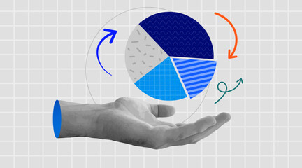 Retro collage hand holding pie chart diagram. Business data and market share concept. Modern retro grunge.