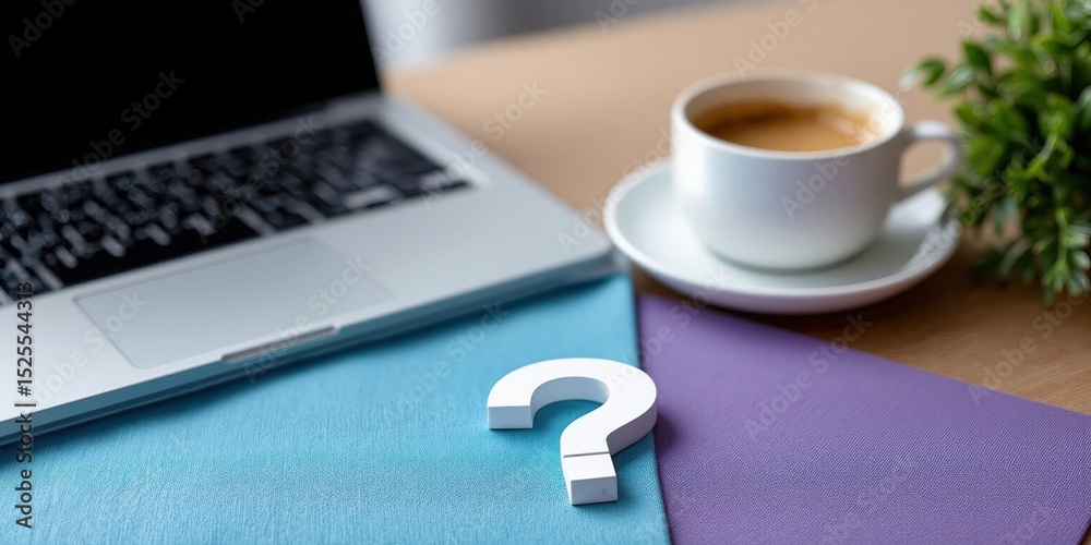 Aufkleber question mark on desk with laptop and coffee, illustrating problem solving and strategic planning fo