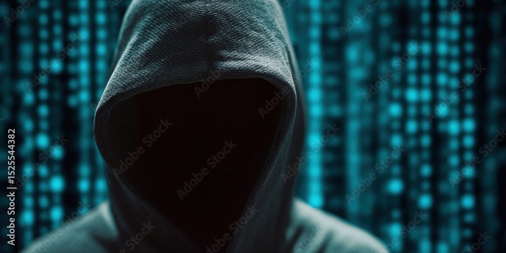 Fototapete Mysterious Figure in Hood Against Binary Code Background, Portraying Cybersecurity Threat and Data Privacy Concerns With Anonymity : Generative AI