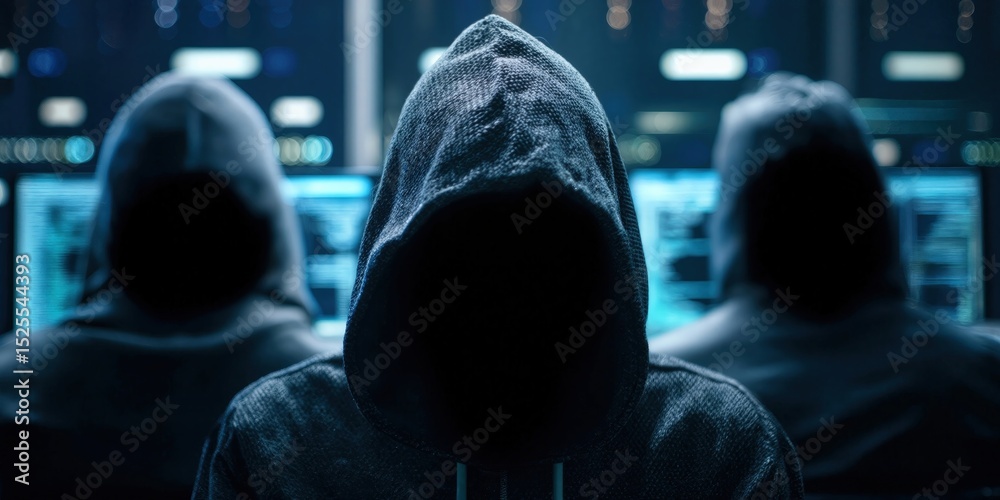Aufkleber Anonymous Hackers in Hoodies Working at Computers, Representing Cybersecurity Threats and Data Protection Concerns in the Digital Age : Generative AI