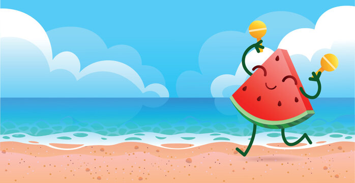 Funny character watermelon slice dancing on the seashore. Watermelon plays maracas. Summer festival. Nice summer vacation. Vector fruit character for cartoons and advertising. - Powered by Adobe
