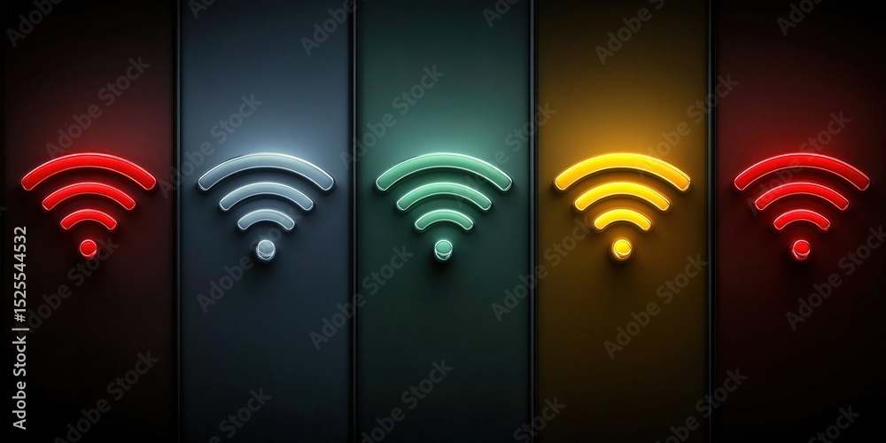 Poster colorful wifi symbols on dark background, representing wireless connectivity and technological advan