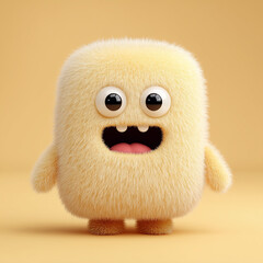 A joyful, pastel yellow cartoon monster with soft fur and big eyes, standing happily.