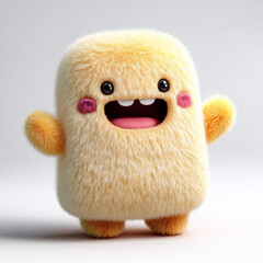 A joyful, pastel yellow cartoon monster with soft fur and big eyes, standing happily.