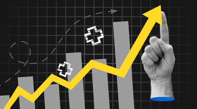 Business growth concept art retro collage. Hand holding rising arrow chart. Trendy modern retro banner.