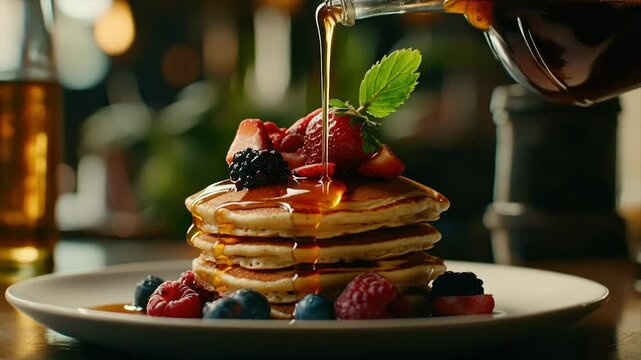Stack of pancakes topped with fresh berries and maple syrup