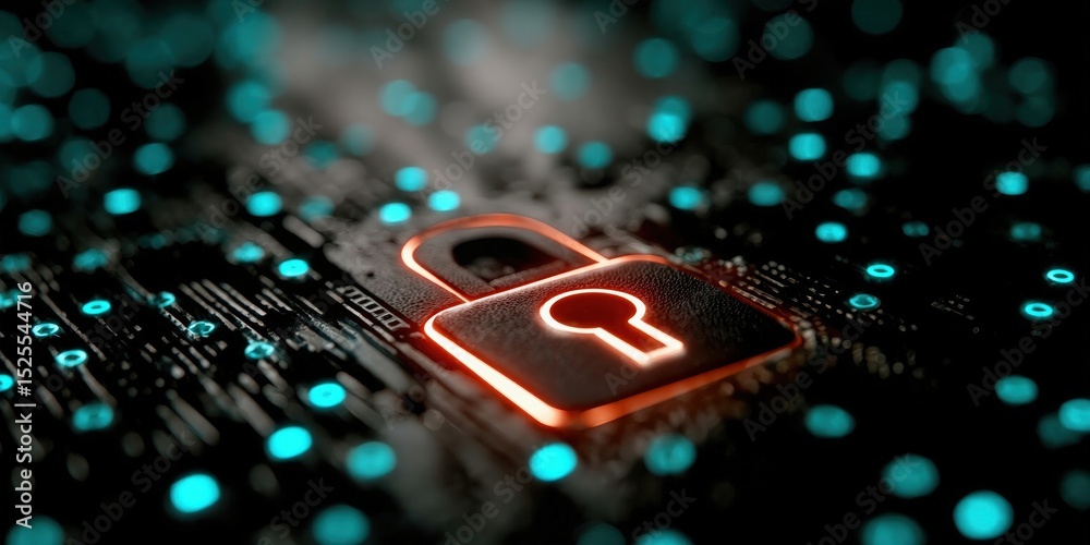 Fototapete Glowing Padlock on Circuit Board, Symbolizing Cyber Security and Data Protection for Digital Transformation Initiatives : Generative AI