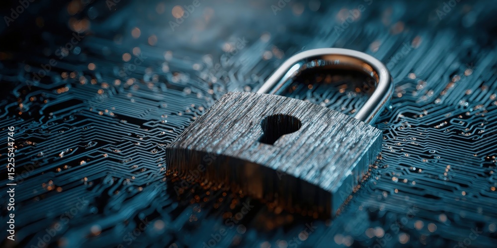 Poster Padlock on Circuit Board Representing Cybersecurity, Data Protection and Digital Transformation Initiatives, Showcasing Technology and Innovation : Generative AI