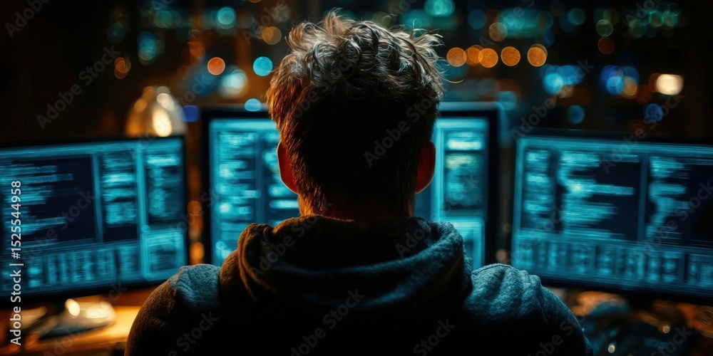Aufkleber Hacker Working on Multiple Monitors in Dark Room, Illustrating Cybersecurity and Digital Transformation for Business Technology : Generative AI