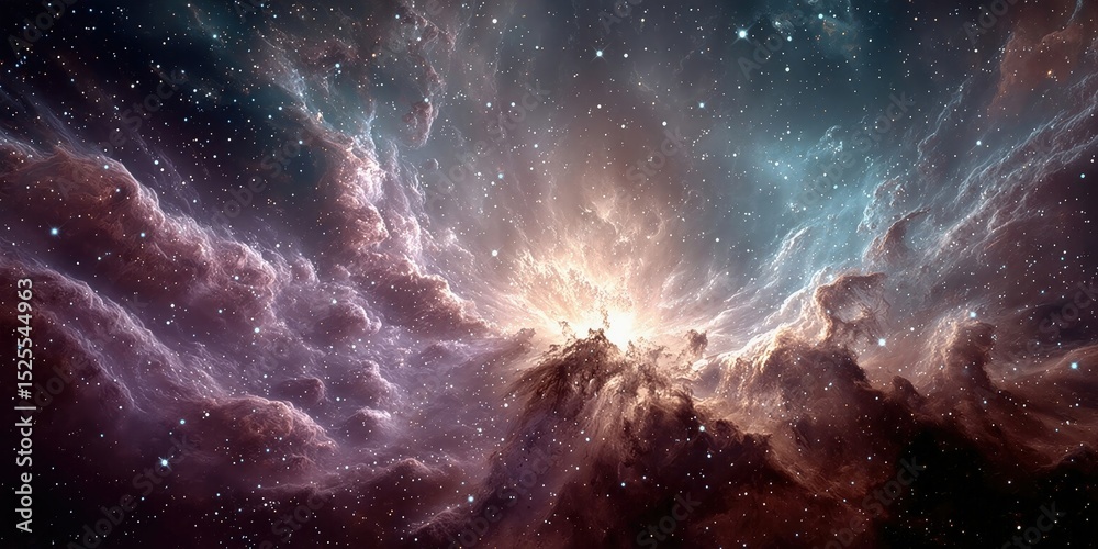 Aufkleber dramatic nebula cloudscape with starfield and light burst, representing cosmic exploration and scien