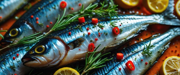 Fototapeta premium Fresh mackerel fish with lemon slices, red chili slices, and herbs on a platter.