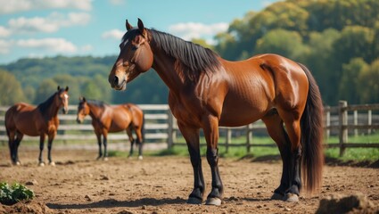 A group of horses standing in a field with a fence, trees, and blue sky in the background.
