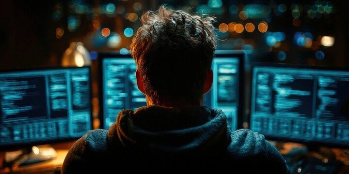 Hacker Working on Multiple Monitors in Dark Room, Illustrating Cybersecurity and Digital Transformation for Business Technology : Generative AI