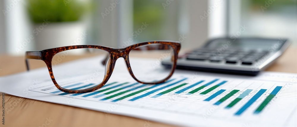 Poster tortoiseshell glasses on a financial report with calculator, illustrating investment strategy and da