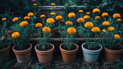 A row of potted marigold flowers in orange bloom arranged in garden pots.