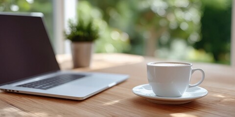 Laptop and Coffee Cup on Wooden Desk by Window, Representing Remote Work and Digital Lifestyle, Suitable for Freelance and Productivity Concepts : Generative AI