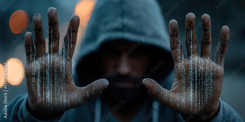 Poster Hacker in Hoodie Touching Glass Covered in Binary Code, Illustrating Cybersecurity and Data Protection in the Digital Age, Suitable for Technology Promotion : Generative AI