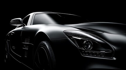 Naklejka premium A close-up shot of a sleek black modern car is featured against a black background .