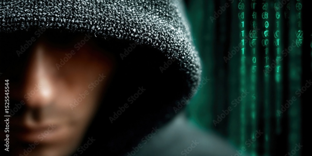 Poster Hacker in Hoodie With Binary Code Background, Representing Cyber Security and Data Privacy Concerns, Used in Technology News : Generative AI