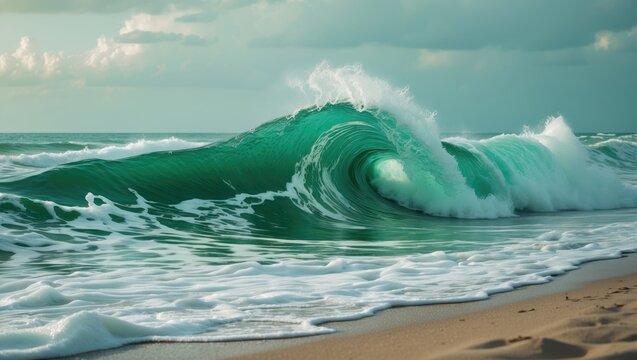 Vibrant ocean wave with seafoam breaking on a sandy beach under cloudy skies. Nature and water dynamics, ocean environment, coastal scenery. The power of surf and sea waves.