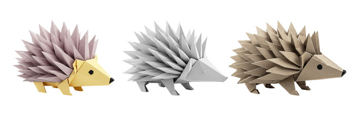 Origami hedgehogs lined up crafted with care and precision in pink silver and brown against black