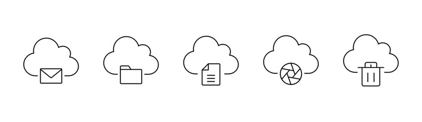 Cloud Storage Line Icon Set, Folder, File, Trash, Photo, Mail