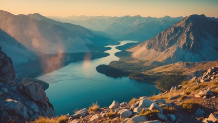 Obraz premium A mountain landscape featuring a river or lake surrounded by rugged peaks and grassy areas, captured during sunset or sunrise.