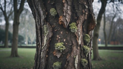 Obraz premium Tree trunk close-up with moss growth, in a park setting, surrounded by other trees and a grassy area.