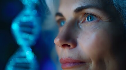 Caucasian woman with bright blue eyes in profile view against dark background with glowing DNA helix structure, representing genetic research and biotechnology.