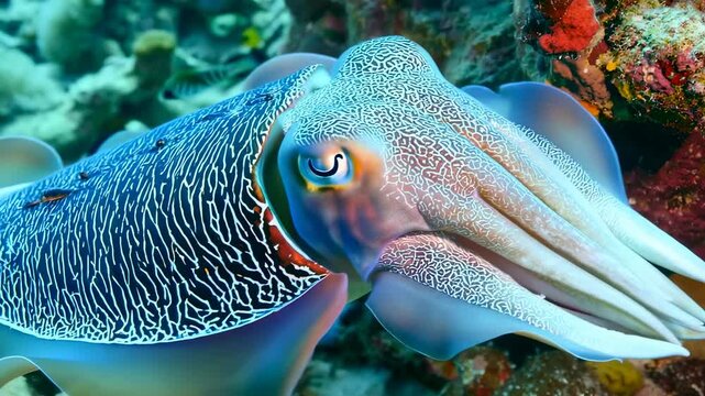 Bioluminescent cuttlefish with neural pattern &ndash; vibrant underwater marine life
