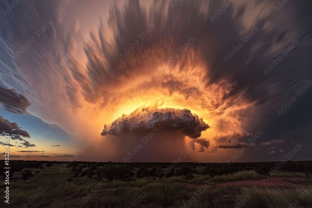 Poster Dynamic rain clouds move across the sky at sunset creating a stunning timelapse in open landscape, rain clouds time-lapse