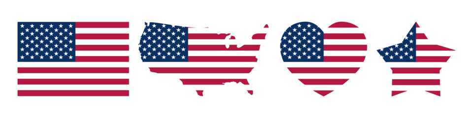 USA flag celebration holidays sign icon set. Flag, map, heart, star.