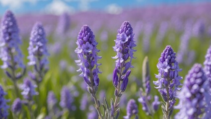 Obraz premium Close-up of lavender flowers in a field with a blurred background.