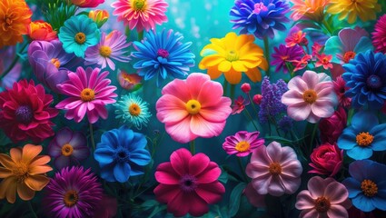 Colorful flowers including daisies and pansies in vibrant hues creating a lively floral scene.