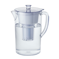 Obraz premium A modern water filter pitcher made of clear bpa-free plastic with a white filter, ergonomic handle, and crystal-clear water, on a pristine seamless transparent studio background commercial concept of